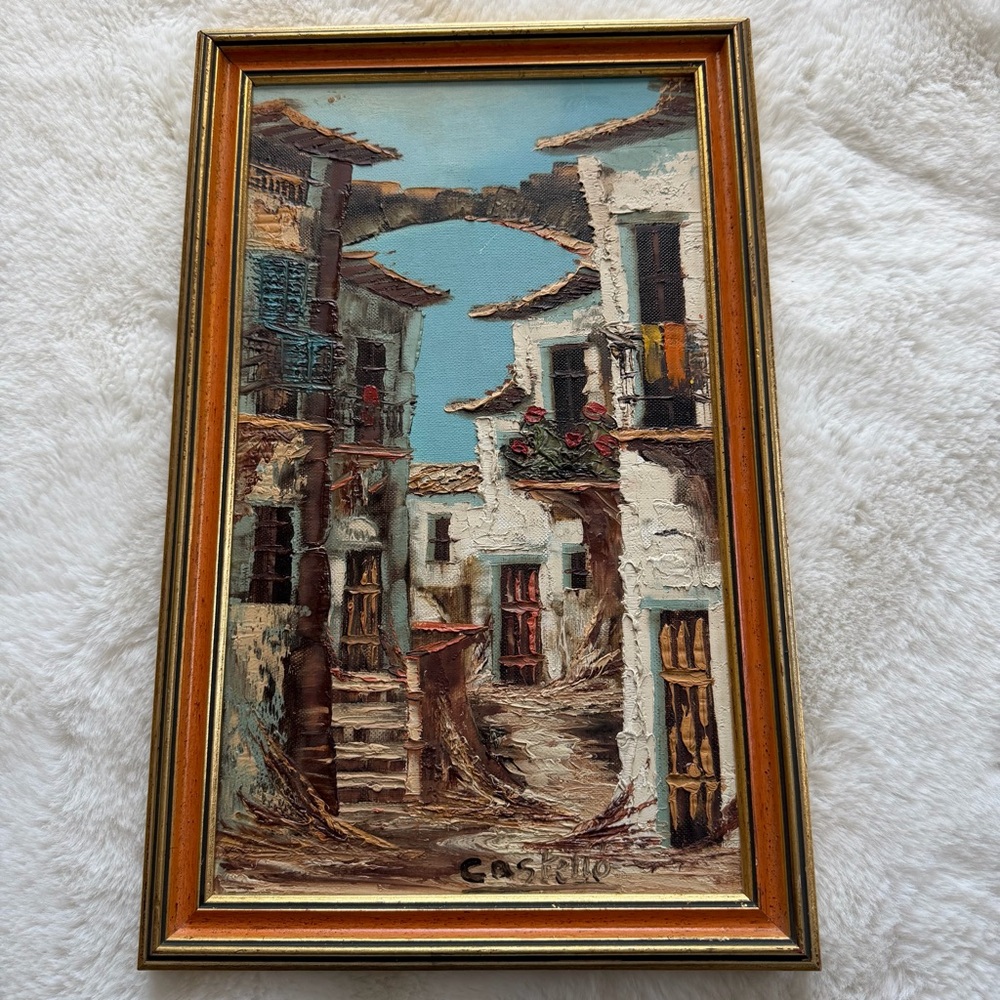 Vintage Impasto Oil Painting European Village Street Signed Castrio 9x16